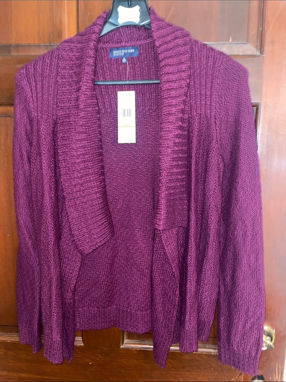 Jones New York Plum Open-Front Ribbed Shawl Collar Cardigan